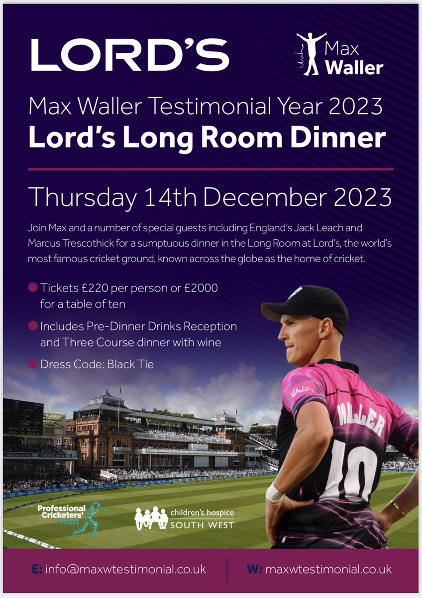 One Last event. Please support and join Max and a couple of England Legends for a truly unique experience. An opportunity to dine in the ‘Long Room’ at ‘The Home of Cricket’, Lord’s on the 14th December. Please get in touch and RETWEET/REPOST
