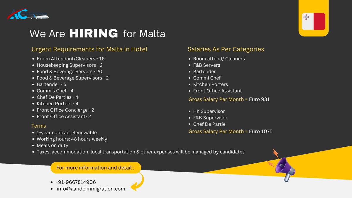 AandC_immigrate's tweet photo. We are hiring for Malta!!

Urgent Requirements for Malta in Hotel.

Contact us:
Call@: +91-9667814906
Email@: info@aandcimmigration.com
Visit@: https://t.co/cJmFsSNXVI

#job #hiring #malta #hotel #urgenthiring #jobvisa #jobmalta https://t.co/Is2xj3qhud