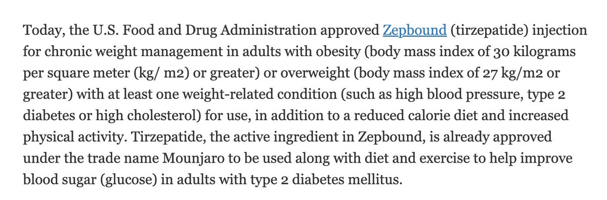 docramiro's tweet image. La FDA autoriza el uso de Tirzepatida (bajo el nombre comercial Zepbound) para reducción de peso.
Esto en conjunto con restricción calórica y aumento de actividad física.
fda.gov/news-events/pr…