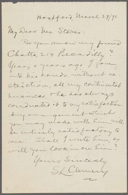 Did you know Mark Twain and Bram Stoker were friends? 

From #NYPLDigitalCollections, correspondence addressed to “My Dear Mr. Stoker” from fellow writer Samuel Langhorne Clemens (a.k.a Mark Twain). Bram Stoker, author of 'Dracula,' was born on this day in 1847.