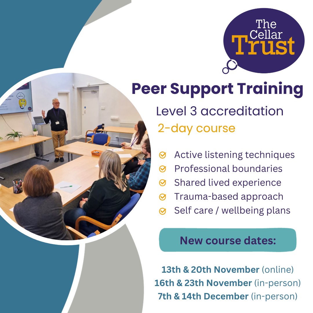 CellarTrust's tweet photo. We have trained over 700 people in our award winning accredited #PeerSupportTraining
Suitable for those seeking a career in peer support, experienced workers wishing to hone their skills & those leading peer support groups in their communities.
Book hereπ https://t.co/Nwfgf0et8o https://t.co/st4iW5WWQb