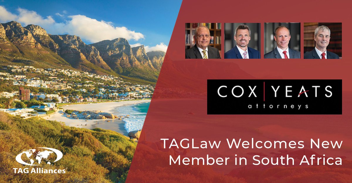 Our new TAGLaw member in #SouthAfrica is Cox Yeats. Please help us welcome their Main Contacts Gary Pritchard, Richard Hoal, Andrew Clark, &amp; Robin Westley! #GloballyConnected #TrustedAdvisor #Law

Read more: tagalliances.com/news-resources…