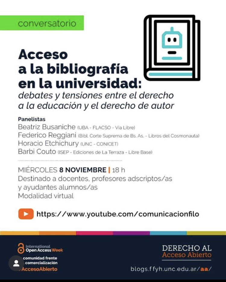 Ahora, dentro de un rato, voy a estar conversando sobre bibliotecas y derechos de autor junto con gente que sabe de verdad de lo que habla como <a href="/beabusaniche/">Beatriz Busaniche💚</a> , Horacio Etchichurri y Barbi Couto.