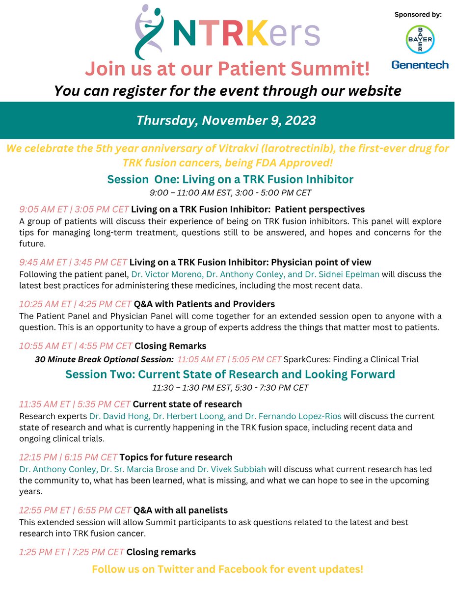 We cannot wait to see everyone at the NTRKers Patient Summit tomorrow, November 9!! Don't miss out on the opportunity to learn from experts and hear from the NTRKers community. Join us at 9:00 am ET / 3:00 pm CET #NTRKers #NTRK #TRKFusion  Summit Link: us02web.zoom.us/webinar/regist…