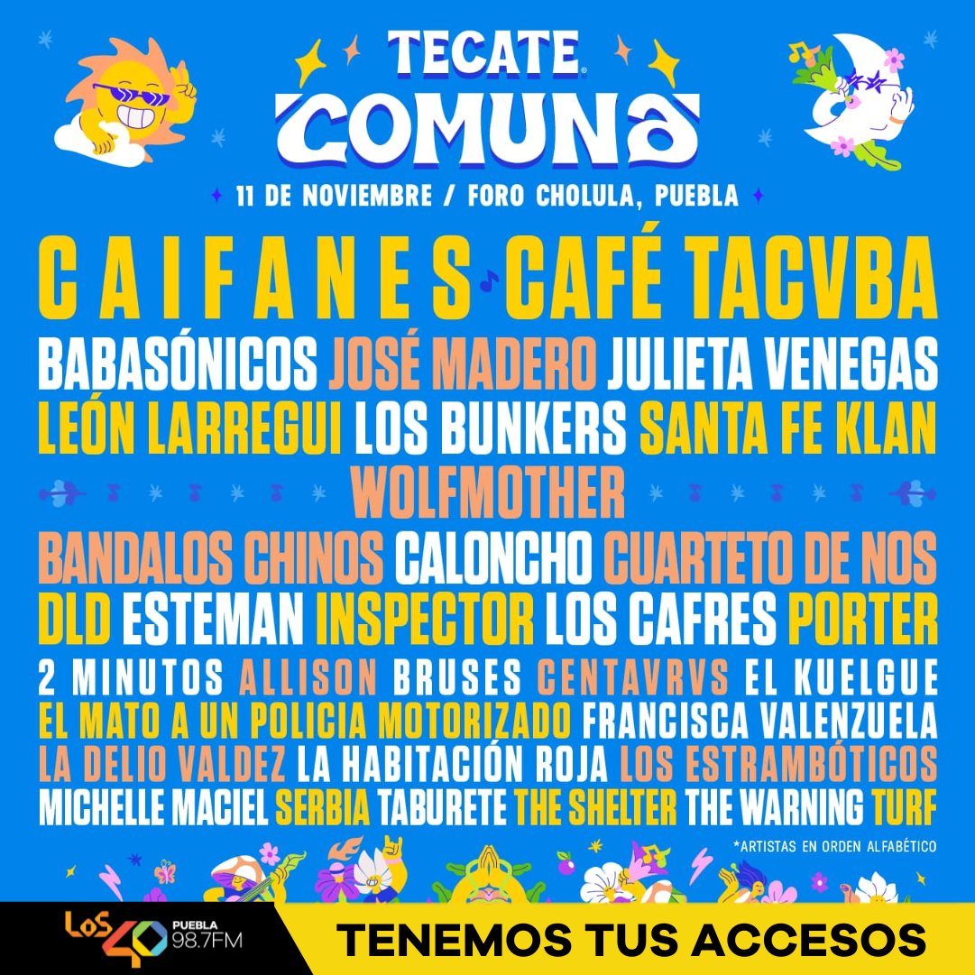 Los40_PueblaFM's tweet photo. ¡Gana tu acceso para #TecateComuna2023!🎶

-Dale 🔁 y ❤️ al tweet

-Como comentario dinos, ¿A qué artista quieres ver en el festival? 😎 y etiqueta a tu acompañante.(𝗱𝗲𝗯𝗲 𝘀𝗲𝗴𝘂𝗶𝗿𝗻𝗼𝘀 𝗲𝗻 𝗿𝗲𝗱𝗲𝘀 𝘀𝗼𝗰𝗶𝗮𝗹𝗲𝘀)

Los ganadores se dará a conocer el 10 de noviembre. https://t.co/uOIdtVdMtC