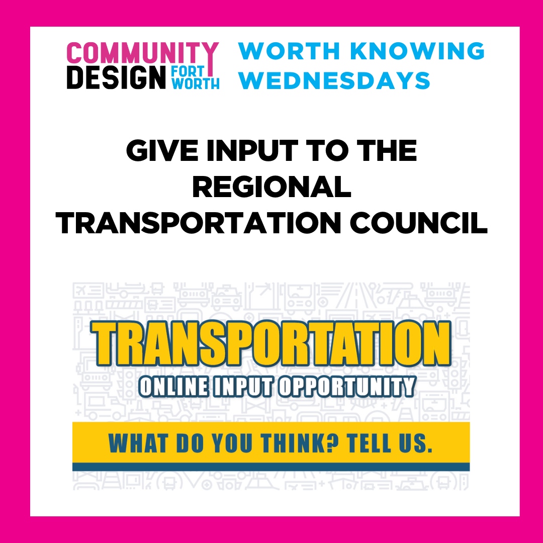 Learn about transportation in the region and help set future priorities. the Metropolitan Planning Organization for the Dallas-Fort Worth area are seeking public input.

Information will be posted online for public review and comment: 
Nov. 13 - Dec. 12 
bit.ly/3swFPAX
