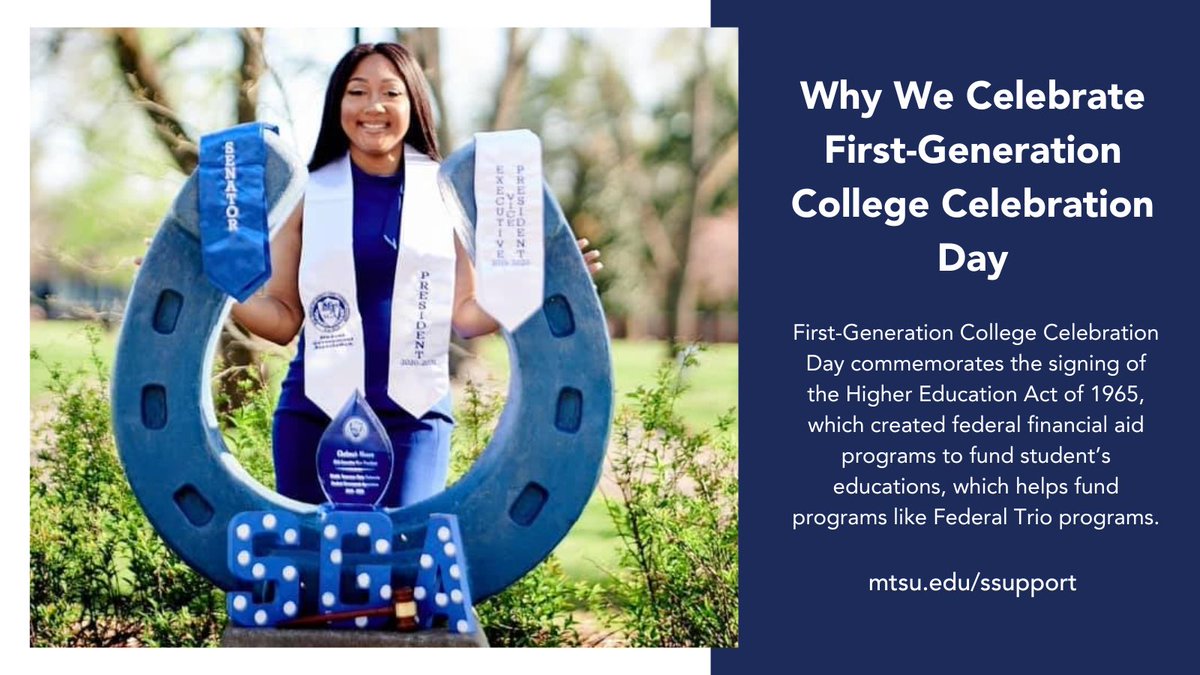 MTAdmissions's tweet photo. Today is First-Generation College Celebration Day! Swipe through to learn more about how our TRIO office is here to help! #mtsu #triostudentsupportservices #firstgen https://t.co/iDZ76SH7l8