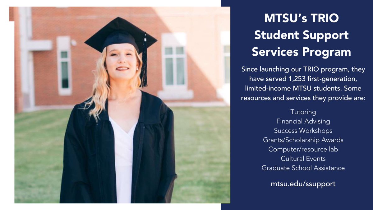 MTAdmissions's tweet photo. Today is First-Generation College Celebration Day! Swipe through to learn more about how our TRIO office is here to help! #mtsu #triostudentsupportservices #firstgen https://t.co/iDZ76SH7l8