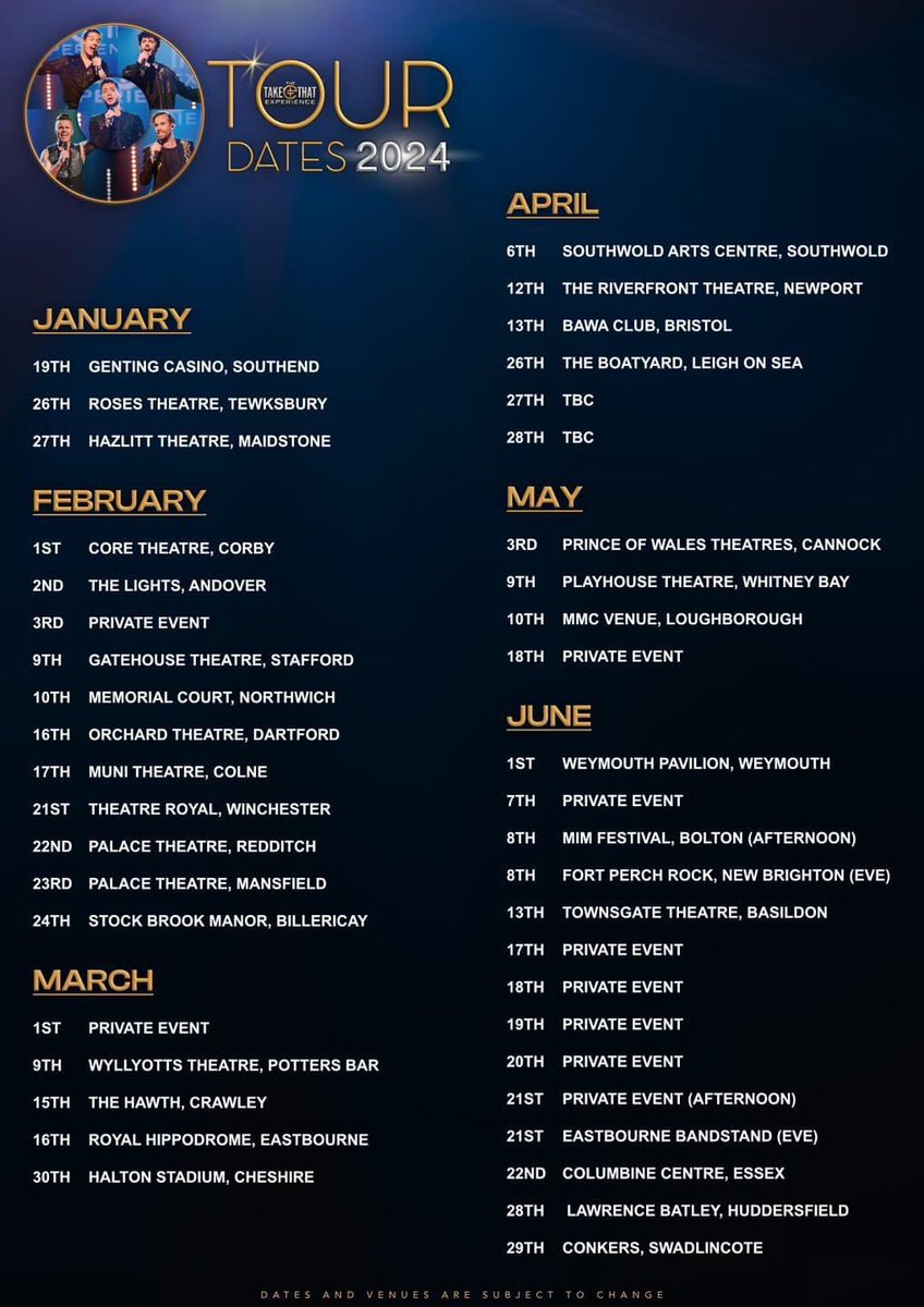 The first six months of 2024 tour dates for 🌟@thetakethat 🌟 More dates being added every day so keep an eye on social media for regular updates Thanks for all your support as always #takethat #celebtime @RedEntsUK 🌟🌟🌟🌟🌟