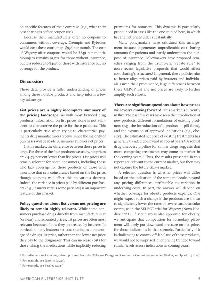 Scott Gottlieb, MD 🇺🇸 (@scottgottliebmd) on Twitter photo FDA approval of 2nd potent GLP-1 for treatment of obesity - Lilly’s drug Zepbound - will accelerate discounting as competition heats up, reducing costs and extending access to patients. A prior <a href="/AEIecon/">AEI Economics</a> analysis captured magnitude of earlier discounts
aei.org/wp-content/upl… FDA approval of 2nd potent GLP-1 for treatment of obesity - Lilly’s drug Zepbound - will accelerate discounting as competition heats up, reducing costs and extending access to patients. A prior <a href="/AEIecon/">AEI Economics</a> analysis captured magnitude of earlier discounts
aei.org/wp-content/upl…