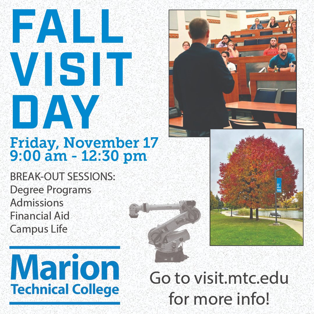 MTC Admissions (@go2mtc) on Twitter photo Interested in an in-demand career? See how MTC prepares you for the field! Join us for our Fall Visit Day on Nov. 17 and attend break-out sessions about financial aid, admissions, degree programs, and more! Go to visit.mtc.edu for more information! <a href="/MarionTech/">Marion Tech</a> <a href="/MTC_CCP/">Marion Tech CCP</a> Interested in an in-demand career? See how MTC prepares you for the field! Join us for our Fall Visit Day on Nov. 17 and attend break-out sessions about financial aid, admissions, degree programs, and more! Go to visit.mtc.edu for more information! <a href="/MarionTech/">Marion Tech</a> <a href="/MTC_CCP/">Marion Tech CCP</a>