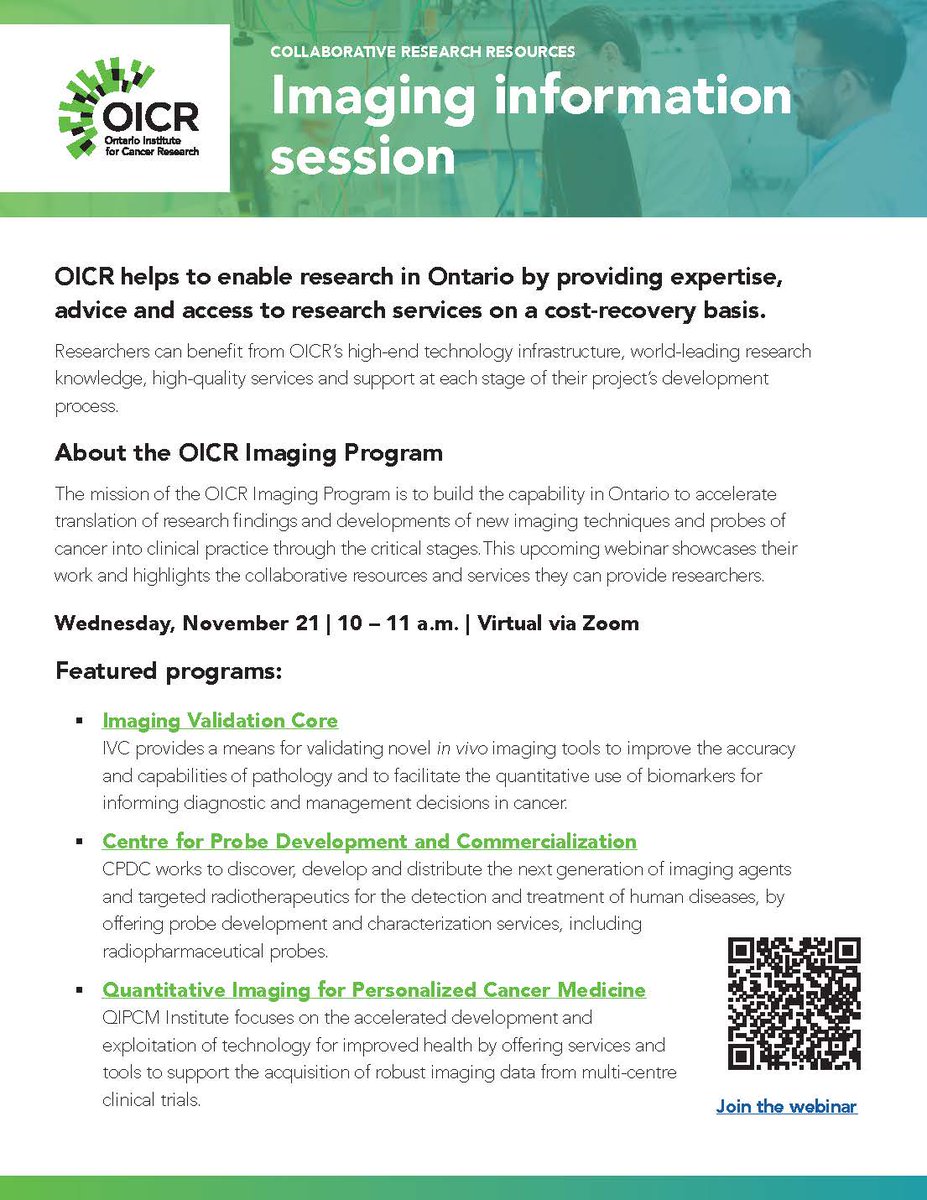 Our last Collaborative Research Resources virtual information session is Nov. 21. Join us to discover how OICR’s high-tech infrastructure, world-leading research knowledge and high-quality services and support can help you in your next research project. oicr.on.ca/events/collabo…