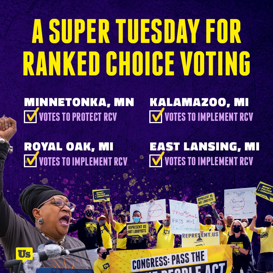 RepresentUs (@representus) on Twitter photo Congratulations, <a href="/RankMIVote/">Rank MI Vote</a> and <a href="/FairVoteMN/">FairVote Minnesota</a>. It was truly a super Tuesday for #RankedChoiceVoting.
And THANK YOU to all the RepresentUs volunteers who contacted tens of thousands of voters to make this possible! Congratulations, <a href="/RankMIVote/">Rank MI Vote</a> and <a href="/FairVoteMN/">FairVote Minnesota</a>. It was truly a super Tuesday for #RankedChoiceVoting.
And THANK YOU to all the RepresentUs volunteers who contacted tens of thousands of voters to make this possible!
