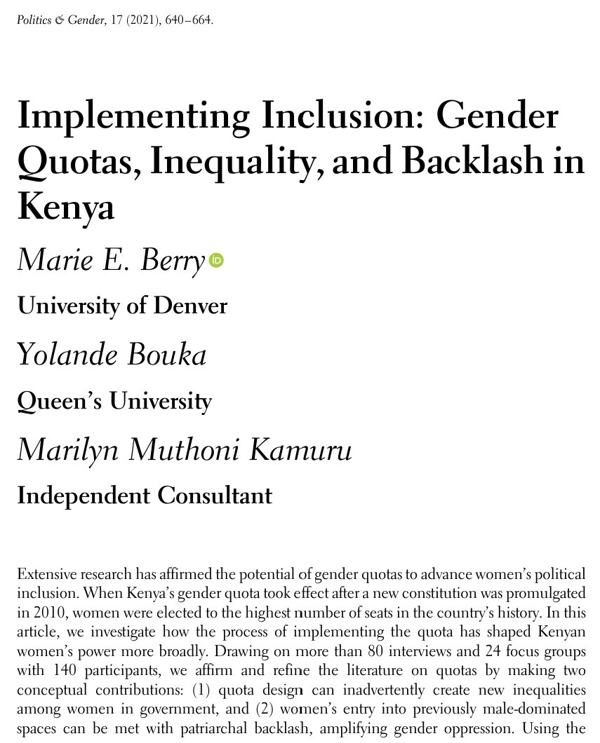 🏆The Politics & Gender Best Article Prize now has its own webpage! Articles are🌟open access🌟: cambridge.org/core/journals/… One of the 2022 co-winners is @marieeberry @yolandebouka and @marilynkamuru for their article on quotas and backlash in 🇰🇪: cambridge.org/core/journals/…