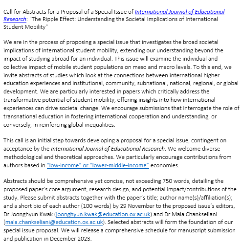 📢Call for Abstracts for a Proposal of a Special Issue of International Journal of Educational Research: "The Ripple Effect: Understanding the Societal Implications of International Student Mobility." More details below⬇️