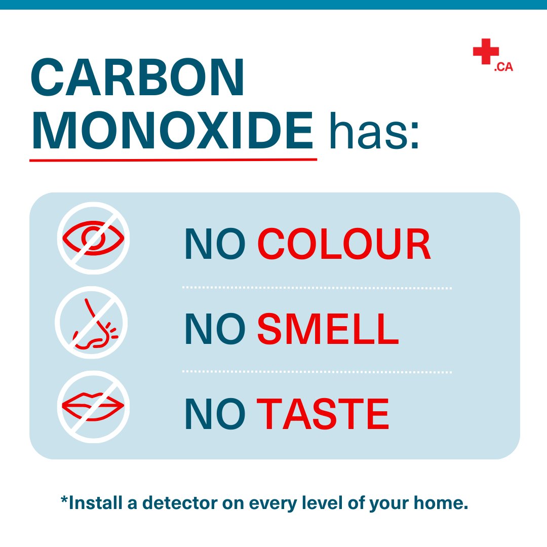 redcrosscanada's tweet photo. Carbon monoxide (or “silent killer”) can’t be detected by the body’s senses. Prevent carbon monoxide poisoning by:

✔️Installing a detector on every level of your home
✔️Checking the detector’s batteries twice a year
✔️Cleaning your chimney annually

➕ https://t.co/XSRfDFKqxA https://t.co/7RrTbwWV2i
