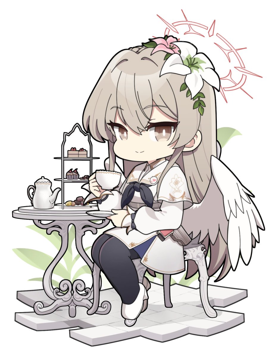 1girl hair flower flower wings cup halo chibi  illustration images