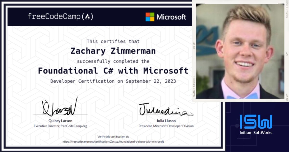 ISWhub's tweet image. Congratulations to our #TechnicalSupportEngineer, Zac Zimmerman, for completing his &quot;Foundational C# with Microsoft&quot; #DeveloperCertification! We&apos;re proud of our team members &amp;amp; their dedication to #ContinuingEducation! Meet Zac &amp;amp; the rest of the team here: zurl.co/v1Sl