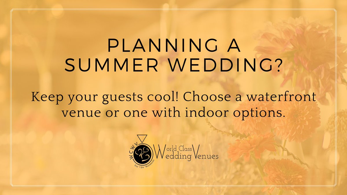 WCWeddingVenues's tweet photo. Planning a summer wedding? 🌞 Make sure you pick a venue that offers plenty of covered space or sea breeze so guests can keep cool and content. 😎 Click below for more tips to beat the heat at your summer wedding 👇
https://t.co/9fXCxKduRw

#weddings #summerwedding #weddingtip https://t.co/0ZlmrovXTS