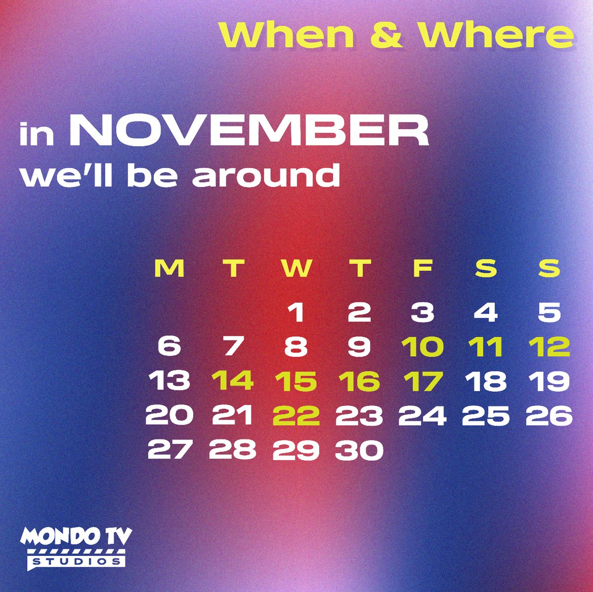 MondoTVStudios's tweet photo. This November is going to be pretty busy! Our team will be attending different industry events this month, and we can't wait to see you around! 🖖

📅 Here our events' agenda: https://t.co/XsdH0zAOmX