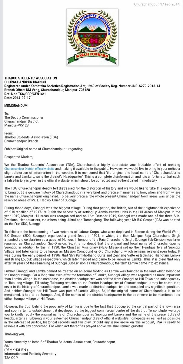 Lamka is not Churachandpur. Today's generation is blinded by the local names and their guidance. TSA itself claimed that Lamka is not Churachandpur. 
#ThisIsManipur #SaveManipur