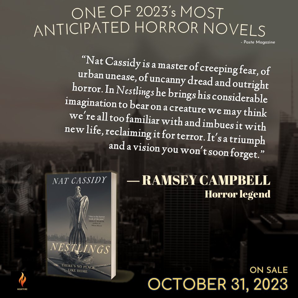 Oh hey, it's that Stoker Award-nominating time again! NESTLINGS is eligible for the Novel category, for any of you HWA members who are so inclined. Publisher: Tor Nightfire Date: 10.31.23 Word count: 99K Birds: pretty