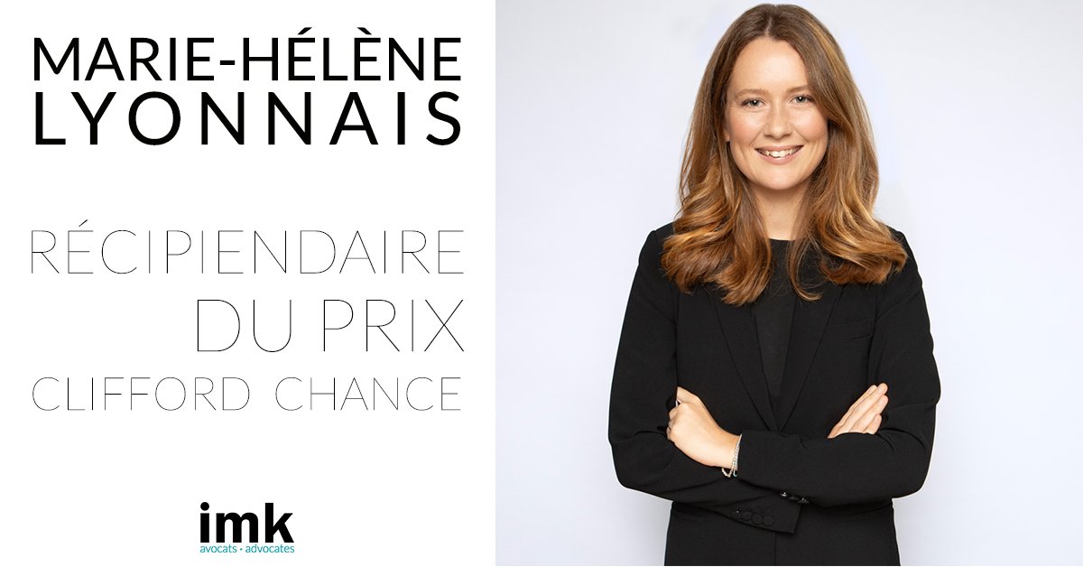 <a href="/IMKLLP/">IMK</a> est fier d’annoncer que Marie-Hélène Lyonnais vient d’obtenir le prix Clifford Chance de la Faculté de droit de l’Université d’Oxford pour avoir terminé première du programme de maîtrise MJur, qu’elle a complété en juin dernier. Toutes nos félicitations Marie-Hélène !