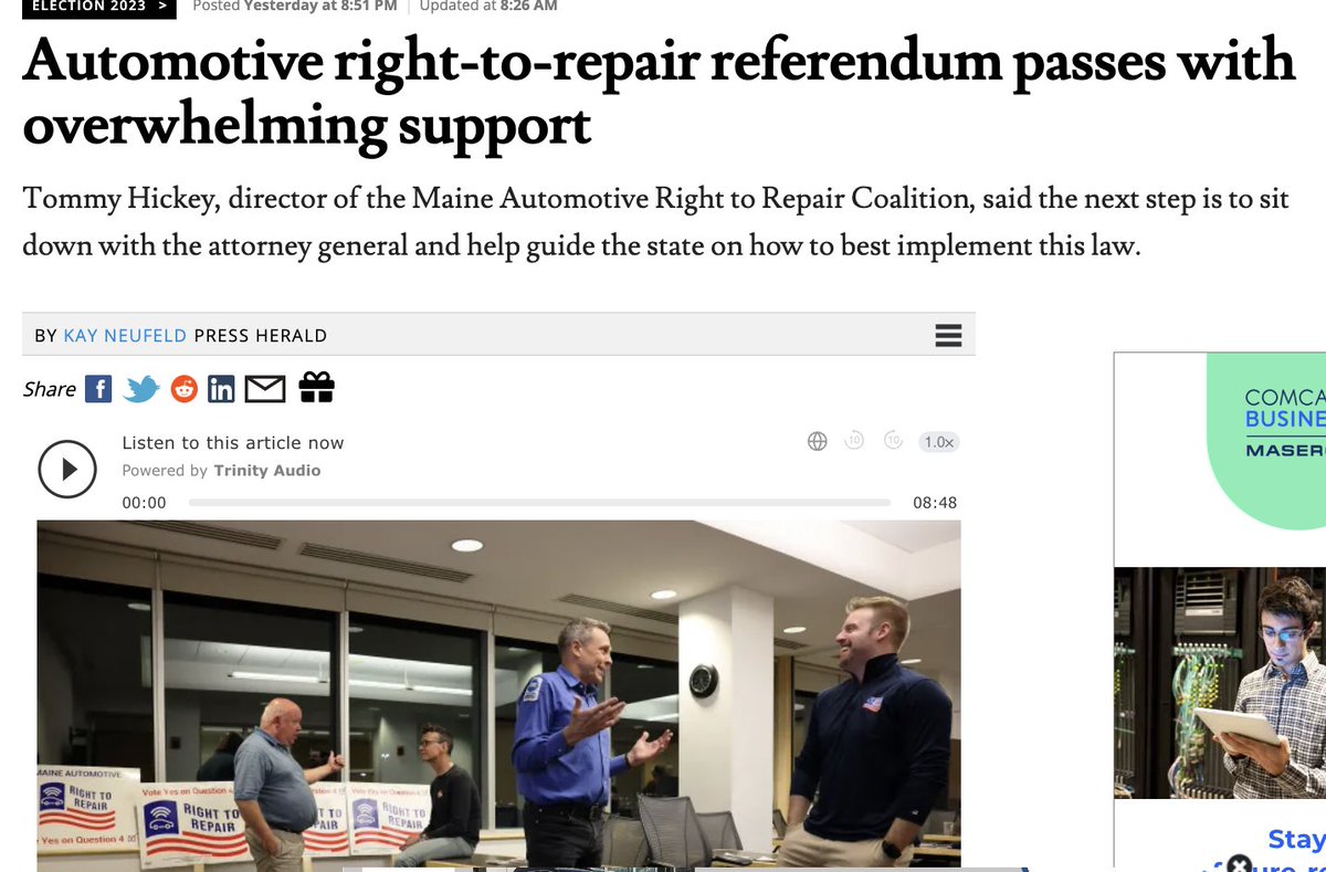 SecuRepairs (pron. Secure Repairs) (@securepairs) on Twitter photo Maine voters pass automotive #righttorepair ballot measure by a vote of 84% YES to 16% NO. I think to call that an "overwhelming" victory is an understatement. Maybe #micdrop? ;-) Thanks to <a href="/AutoCareOrg/">Auto Care Association</a> and others for securing this critical consumer right! Maine voters pass automotive #righttorepair ballot measure by a vote of 84% YES to 16% NO. I think to call that an "overwhelming" victory is an understatement. Maybe #micdrop? ;-) Thanks to <a href="/AutoCareOrg/">Auto Care Association</a> and others for securing this critical consumer right!