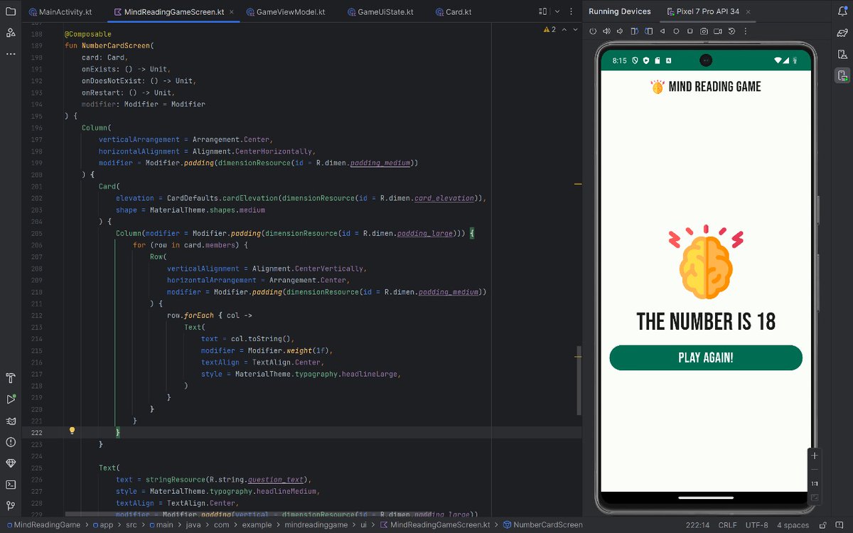 aqib_m31's tweet image. Day 104 / #100DaysOfCode
Practiced Android Basics with Jetpack Compose by creating a mini app: Mind Reading Game. (Tried using State, ViewModel to implement Unidirectional Data Flow)
#AndroidBasics #Google #JetpackCompose