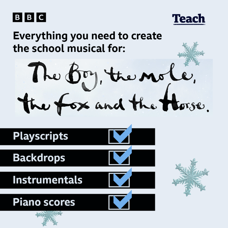 BBC_Teach's tweet photo. Planned your school Christmas musical yet? 😄

This new musical for schools - The Boy, the Mole, the Fox and the Horse has been inspired by the book and BBC animation of the same name.

Everything you need to plan the perfect play is on the #BBCTeach website.