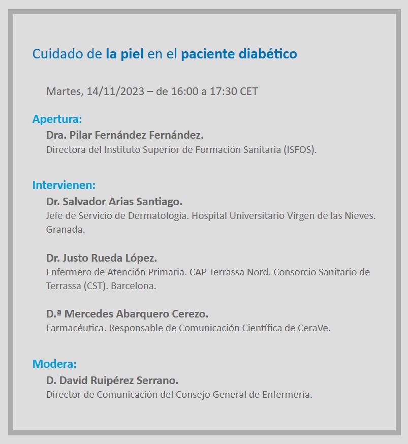 COE_Ourense's tweet photo. Con el objetivo de formar a las enfermeras y enfermeros en el cuidado de la piel seca e irritada por la diabetes, ISFOS ha organizado el webinar “Cuidado de la piel en el paciente diabético”. Un encuentro gratuito promovido por el CGE. 

Inscríbete aquí: https://t.co/xUaAhQFaFL https://t.co/62DF7bhgUY