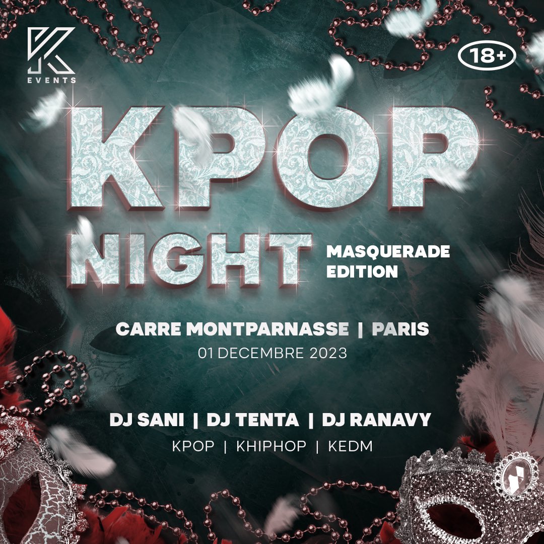 kevents_fr's tweet image. Le 1er décembre on se retrouve pour un Bal masqué !🎭

Rendez vous au Carré Montparnasse, cette fois-ci avec deux salles! 
*La 2nde salle ouvrira plus tard que la 1ère. 

Lien billetterie: tickettailor.com/events/officia…

#kevents #officialkevents #kpop #masqueradeball
#kpopfrance
