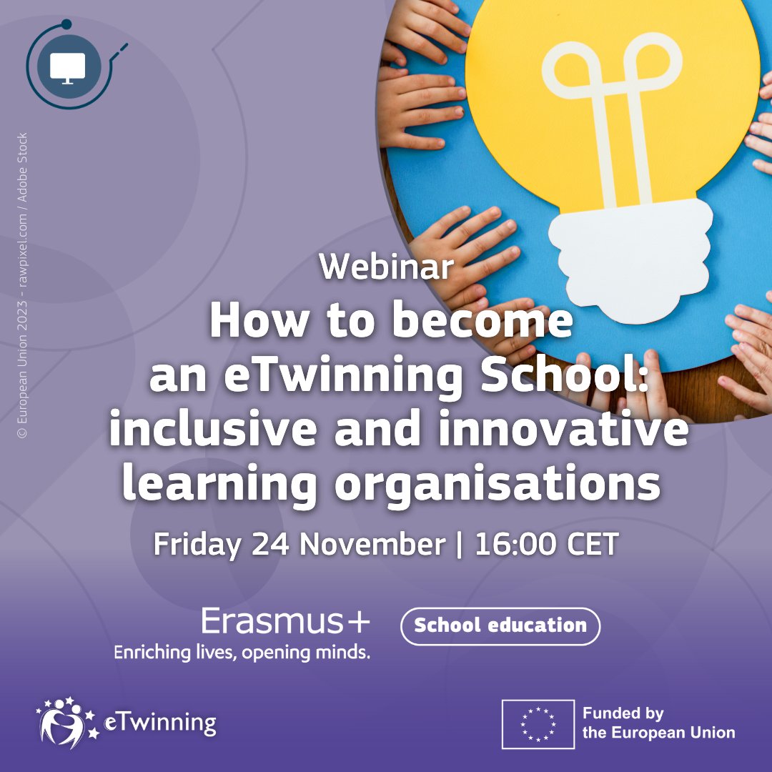 Webinar happening today! 📣

Our expert 🎙️Lia Molini will be discussing how to build inclusive, #innovative and creative environments with #eTwinning.

Don’t miss your chance! Join us at 16 CET here 👉 bit.ly/40wxOc7