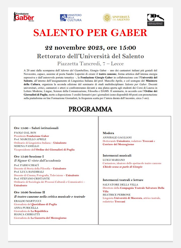 Gagliani92's tweet photo. 22 novembre, Salento per Gaber, Rettorato dell'Università del Salento. Evviva @_GiorgioGaber_ #gaber #giorgiogaber https://t.co/FsUDlsPkPN