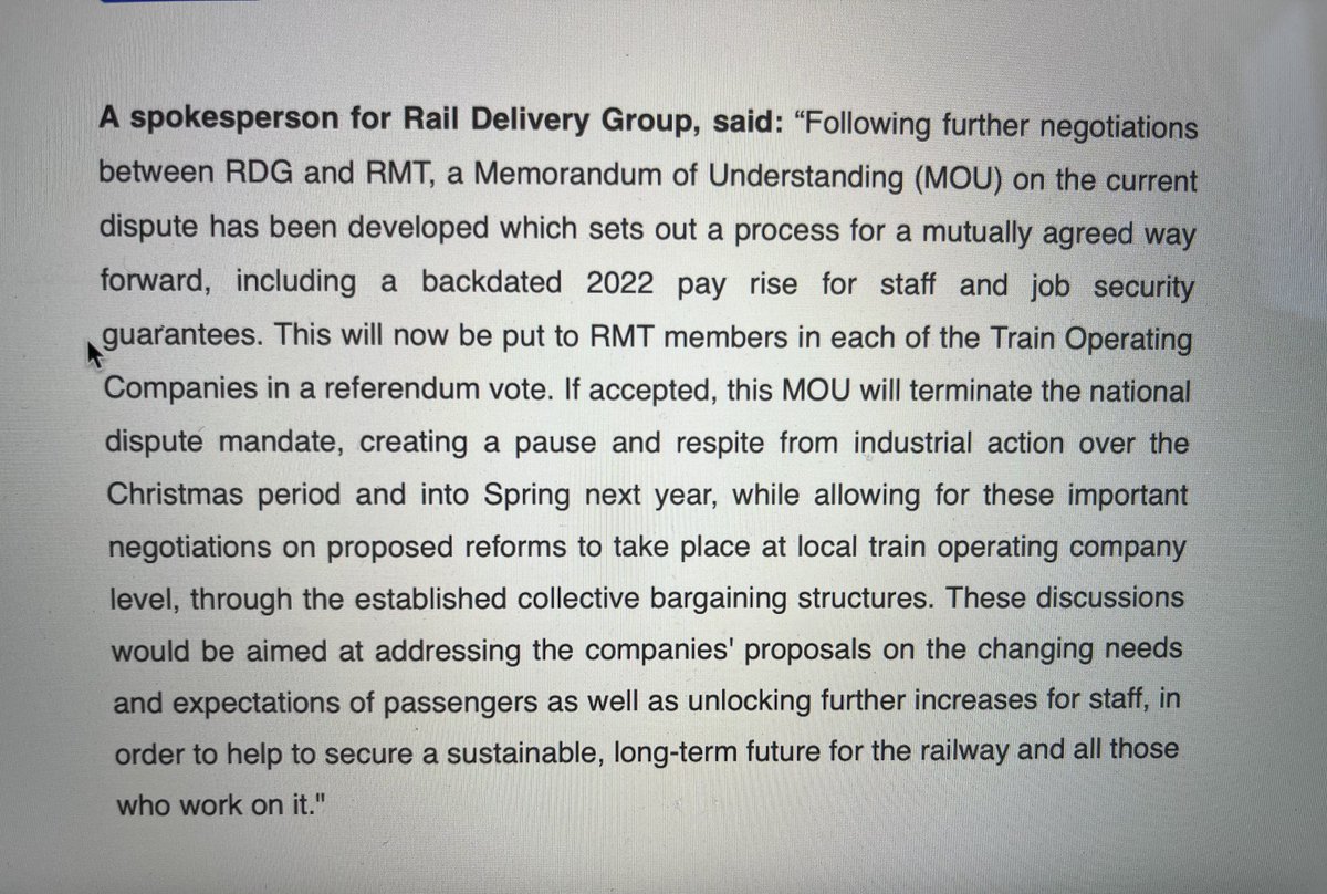 Statement from RDG says it has developed a memorandum of understanding with RMT that will see a referendum vote on accepting a backdated 2022 pay offer and terminating current dispute. Discussions at train operators then start. This is basically what RMT rejected last spring.