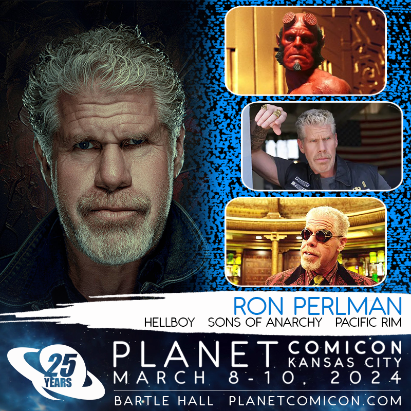 🚨 Welcome back @perlmutations for #PCKC25th. Ron Perlman is a pop culture icon from such films as #Hellboy, Pacific Rim, Blade II, and his fan favorite TV role Clay Morrow in #SonsOfAnarchy. Ron joins us (SAT/SUN only) March 8-10, 2024 @ Bartle Hall 🎟️Planetcomicon.com