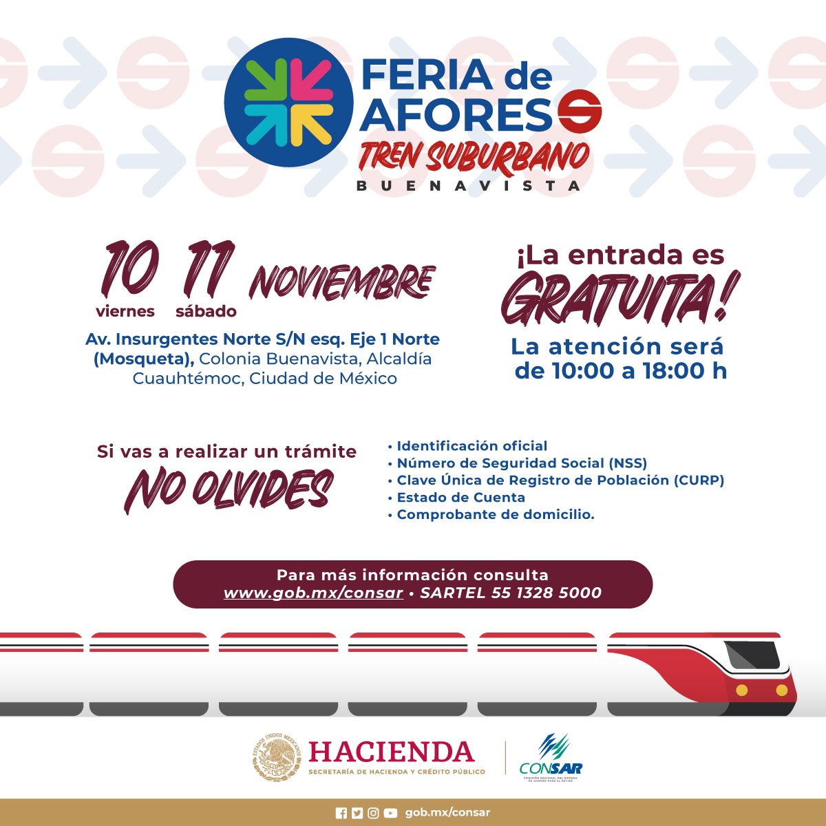 Amafore_mx's tweet image. 🔷 #QueNoSeTePase visitar la #FeriaDeAforesBuenavista 

Si vas a realizar un trámite con tu #Afore no olvides llevar 

✅Identificación oficial 
✅NSS 
✅ CURP
✅ Estado de cuenta
✅ Comprobante de domicilio 

📍Tren Suburbano Buenavista
🗓️10 y 11 de noviembre
⏰10-18 hrs