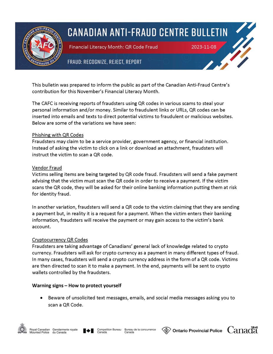 canantifraud's tweet photo. The CAFC is receiving reports of fraudsters using QR codes to steal your personal information and/or money. QR codes can be inserted into emails and texts to direct potential victims to fraudulent or malicious websites.  For more information: https://t.co/Qh0sklFEy0 #FLM2023 https://t.co/gkXS2LdeIn