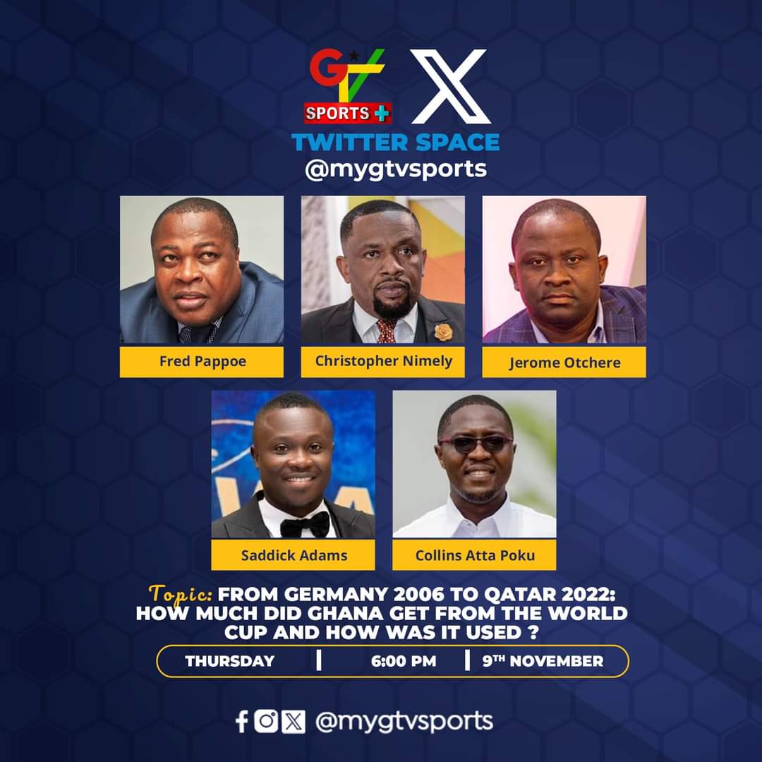 TWITTER SPACES: We have quite a lineup for a very topical discussion. QUESTION: How much did Ghana get from the World Cup and how was it used ? Speakers : 🎙@pappoe_fred 🎙@ChristopherNim8 🎙@JeromeOtchere 🎙@JeromeOtchere 🎙@SaddickAdams 🎙@PapaPoku #GTVSports