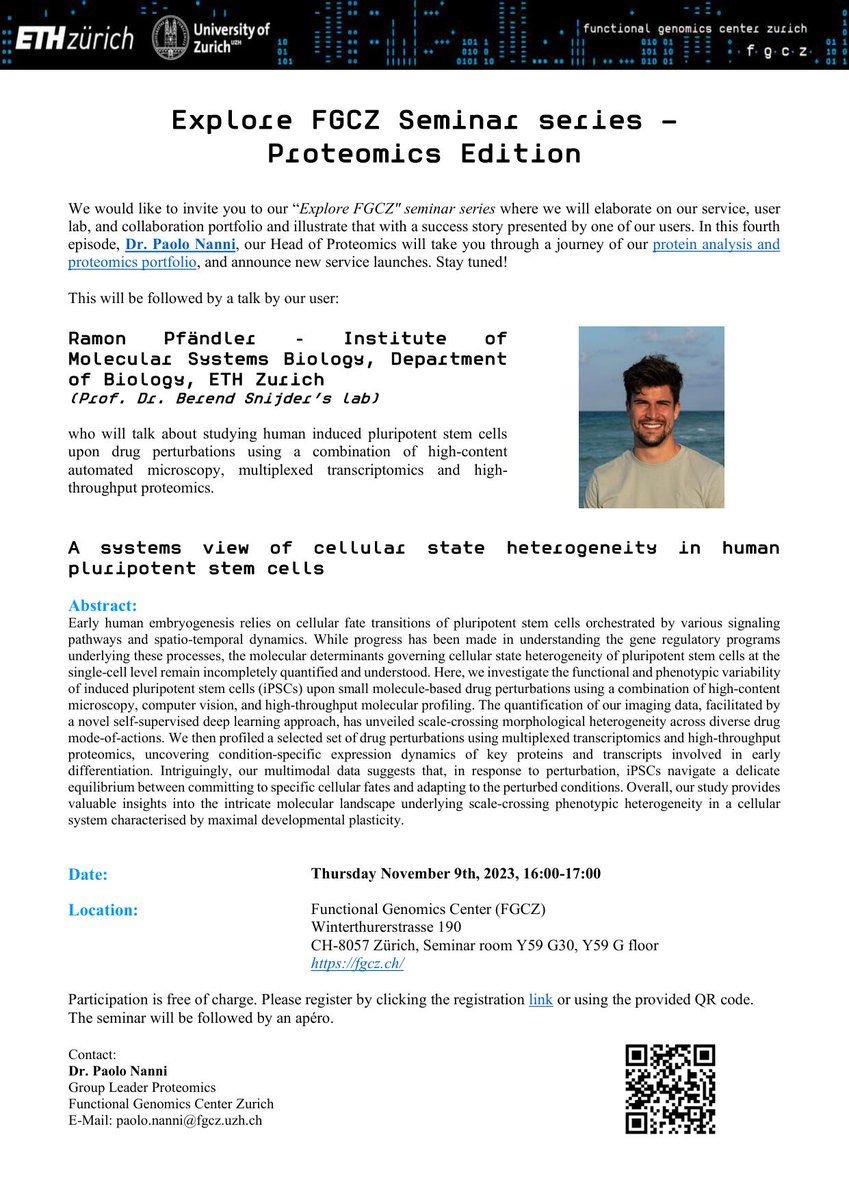 FGCZ (@fgcz_en) on Twitter photo Curious about #Proteomics and #ProteinAnalysis at #FGCZ? Don't miss our #ExploreFGCZ seminar, tomorrow Nov. 9 at 4pm.
After an overview of our portfolio, <a href="/RamonPfaendler/">Ramon Pfändler</a> will present "A systems view of cellular state heterogeneity in hPSCs" Curious about #Proteomics and #ProteinAnalysis at #FGCZ? Don't miss our #ExploreFGCZ seminar, tomorrow Nov. 9 at 4pm.
After an overview of our portfolio, <a href="/RamonPfaendler/">Ramon Pfändler</a> will present "A systems view of cellular state heterogeneity in hPSCs"
