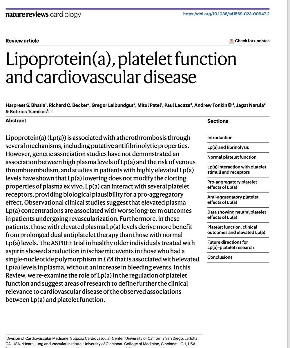 The issue of Lp(a) and platelet fnx has not had lots of attention. In view of the lack of effects of Lp(a) on fibrinolysis in vivo, we make a case that Lp(a)'s effects on platelet function may explain some its atherothrombosis. <a href="/hsbhatia/">Harpreet Bhatia</a> <a href="/PaulLacaze/">Paul Lacaze</a>  

urldefense.com/v3/__https://r…$