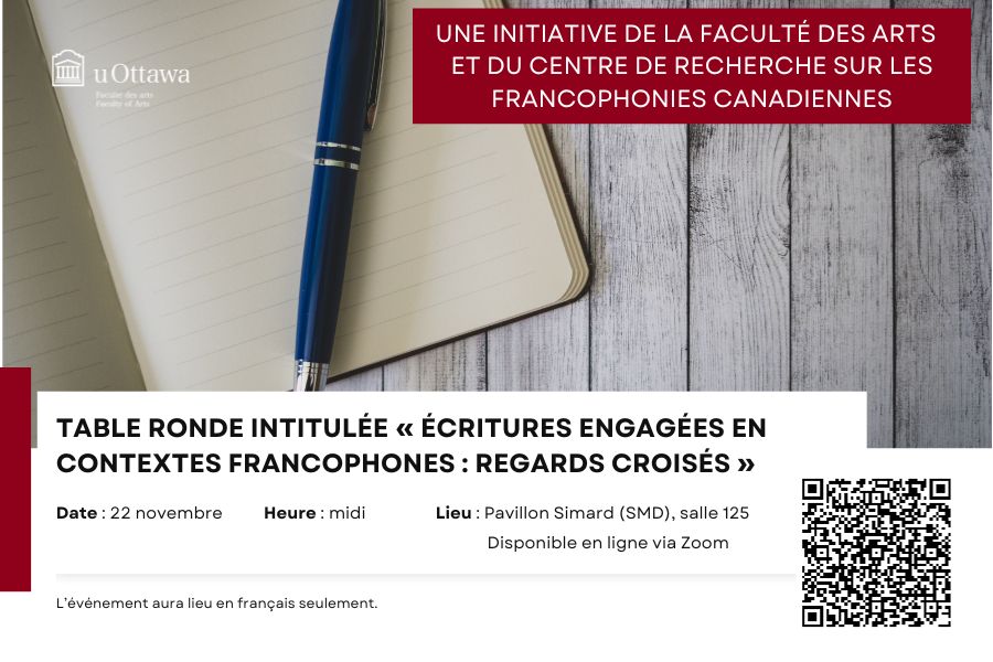 CRCCF (@crccf) on Twitter photo Le <a href="/crccf/">CRCCF</a> vous convie à la table ronde "Écritures engagées en contextes francophones : regards croisés" organisée en partenariat avec <a href="/uOttawaArts/">uOttawa Arts</a> et Dépt de français. Détails et inscription👉tinyurl.com/vpnkfazh
#crccf #frCAN <a href="/uOttawaMLagace/">Prof. Martine Lagacé, Recherche uOttawa Research</a> <a href="/uOFrancophonie/">uOttawa Francophonie</a> Le <a href="/crccf/">CRCCF</a> vous convie à la table ronde "Écritures engagées en contextes francophones : regards croisés" organisée en partenariat avec <a href="/uOttawaArts/">uOttawa Arts</a> et Dépt de français. Détails et inscription👉tinyurl.com/vpnkfazh
#crccf #frCAN <a href="/uOttawaMLagace/">Prof. Martine Lagacé, Recherche uOttawa Research</a> <a href="/uOFrancophonie/">uOttawa Francophonie</a>
