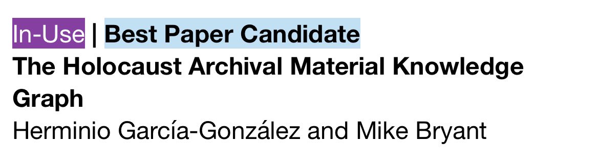 Herminio García González (@herminio_gg) on Twitter photo Very thrilled to be nominated to best paper award at #ISWC2023. Come tomorrow to see our presentation at session 7A. You can already play with the data at: lod.ehri-project-test.eu // <a href="/EHRIproject/">EHRI project</a> <a href="/KazerneDossin/">Kazerne Dossin</a> Very thrilled to be nominated to best paper award at #ISWC2023. Come tomorrow to see our presentation at session 7A. You can already play with the data at: lod.ehri-project-test.eu // <a href="/EHRIproject/">EHRI project</a> <a href="/KazerneDossin/">Kazerne Dossin</a>