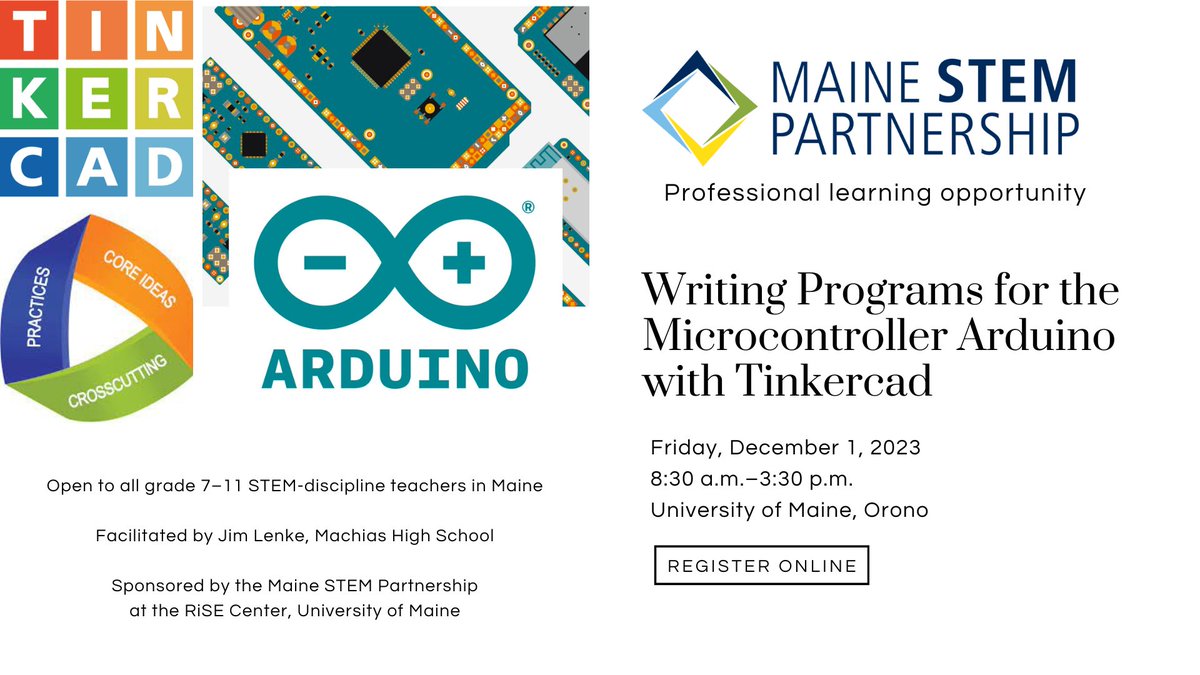 Professional learning opportunity open to all grade 7–11 STEM-discipline teachers in Maine: Writing Programs for the Microcontroller Arduino with Tinkercad

More information and registration: secure.touchnet.com/C22921_ustores…

#STEMeducation