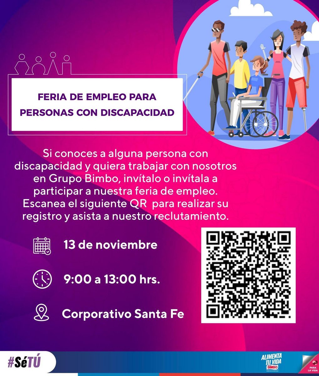 Feria de empleo para personas con discapacidad
🗓️ 13 de noviembre
⌚ 9:00 a 13:00 horas
📍 Grupo Bimbo Corporativo Santa Fe