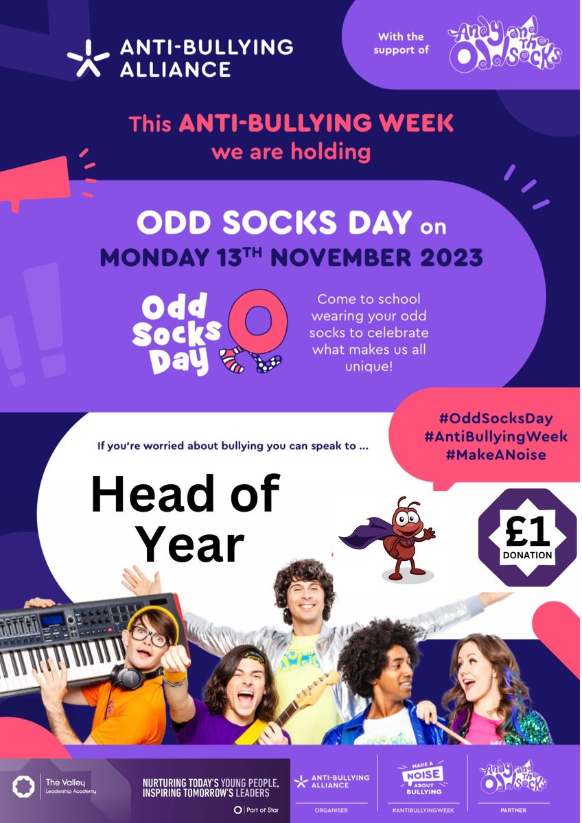 ValleyLAcademy's tweet photo. The Valley will be supporting the @ABAonline Anti-Bullying Week from Monday 13th November - Friday 17th November! This will launch with “Odd Socks Day” on Monday. We are asking students for a donation of £1 if possible. 
#AntiBullyingWeek #MakeANoise #WeAreStar #TheValleyWay https://t.co/gsX1sTwIaL