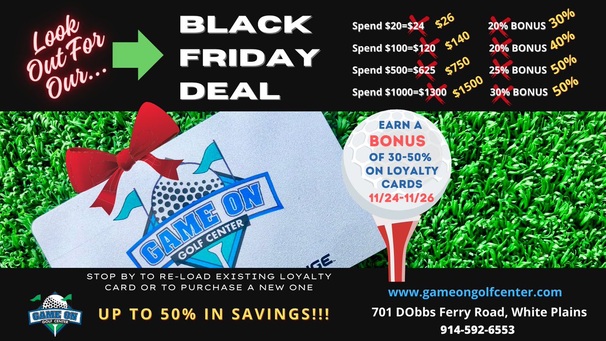 gameongolfctr's tweet photo. Mark Your Calendars! ๐๏ธ
#GOGC Black Friday Member Rewards Card is in just a few weeks!
#GameOnGolfCenter #WestchesterGolf #WestchesterBiz #Golf #GolfContests #GolfLove #BlackFriday https://t.co/0PNT8JdhHw