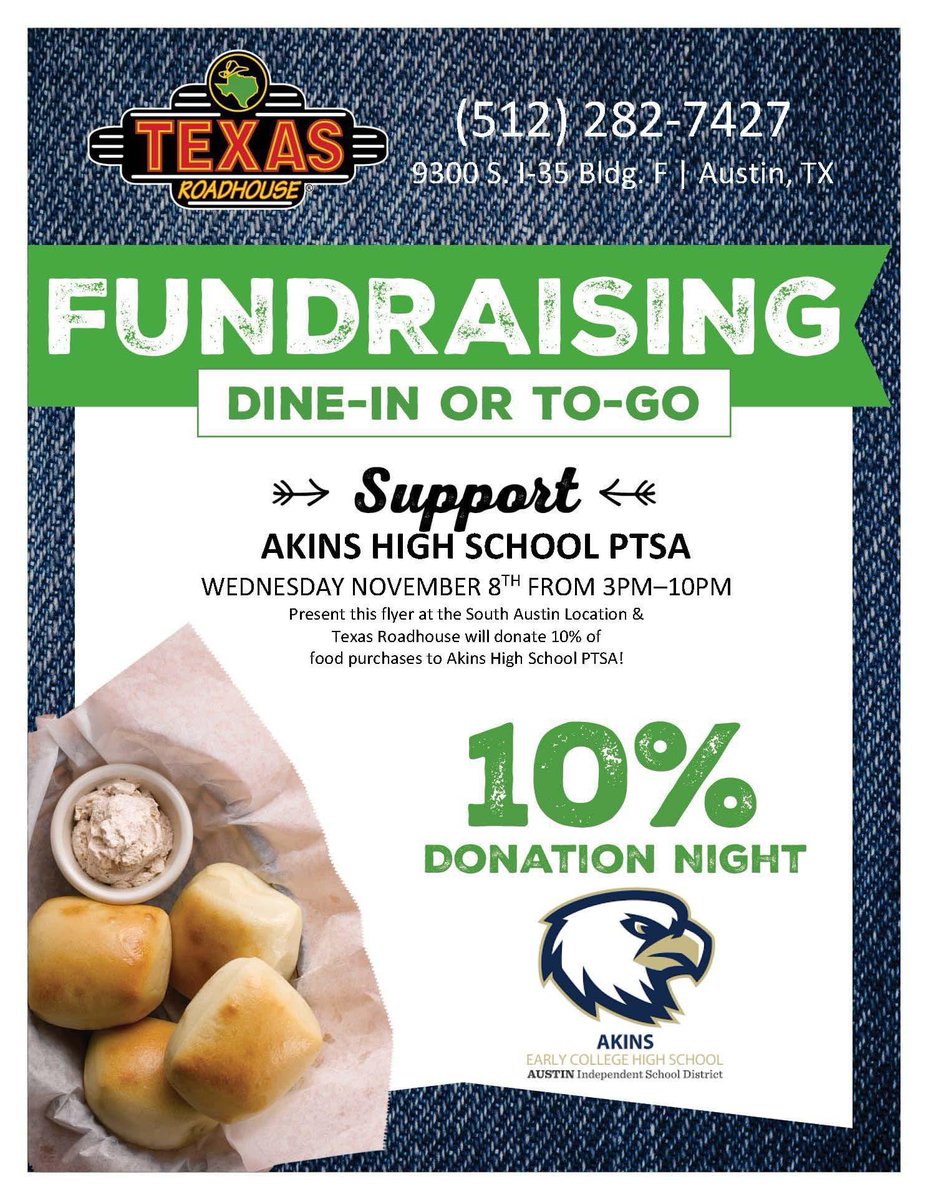 Come out tonight and support Akins PTSA!  Please share photo with your server. #freshhotbread

¡Ven esta noche a apoyar a Akins PTSA! Por favor comparta la foto con su servidor. #pancalienteyfresco