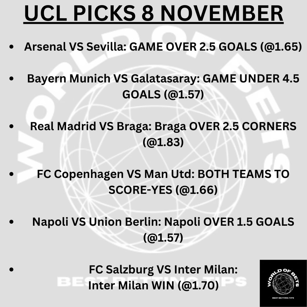 worldwidebetips's tweet photo. Yesterday, we went 4/7 on our Champions League picks, but today, weโre aiming for an even higher success rate! Stay tuned as we chase that parlay win together. ๐โฝ๐ฐ #ChampionsLeaguePicks #4OutOf7 #ParlayGoals #bettingadvice #BettingCommunity #bettingexpert #bettingpredictions #bettingsports #bettingsports #bettingtips #bettingtwitter #LaLiga #ChampionsLeague #sportsbets #sportsbettor #SportsGambling #sportsbettingpicks