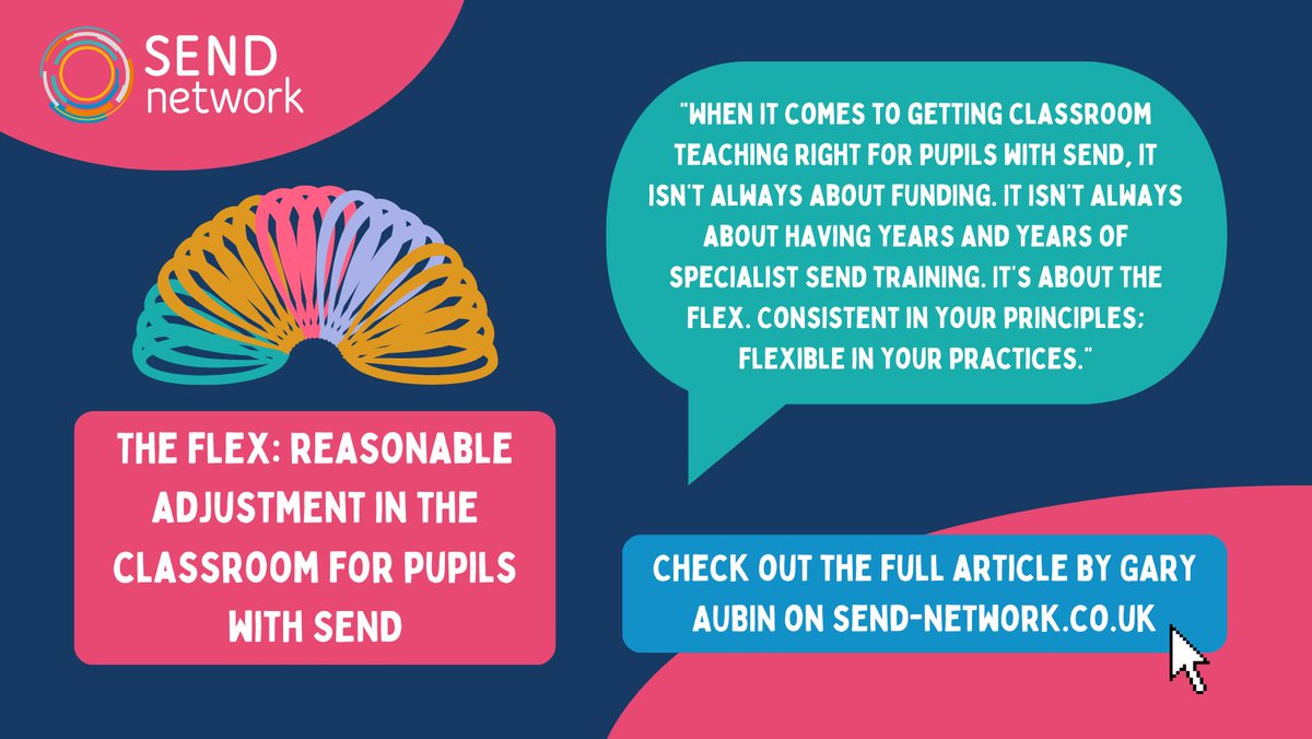 SEND_Network's tweet image. 🧠 New Article!

✏️The flex: reasonable adjustment in the classroom for pupils with SEND

@SENDMattersUK explores how being flexible in your practices can help teaching in the classroom.

🔗 Find the full article here: shorturl.at/esuyW
#SendTips #teacher